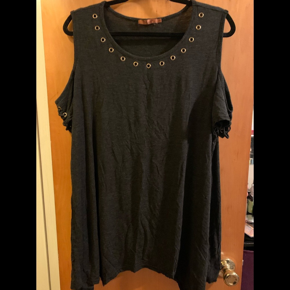 Open shoulder grey blouse with gold embellishments